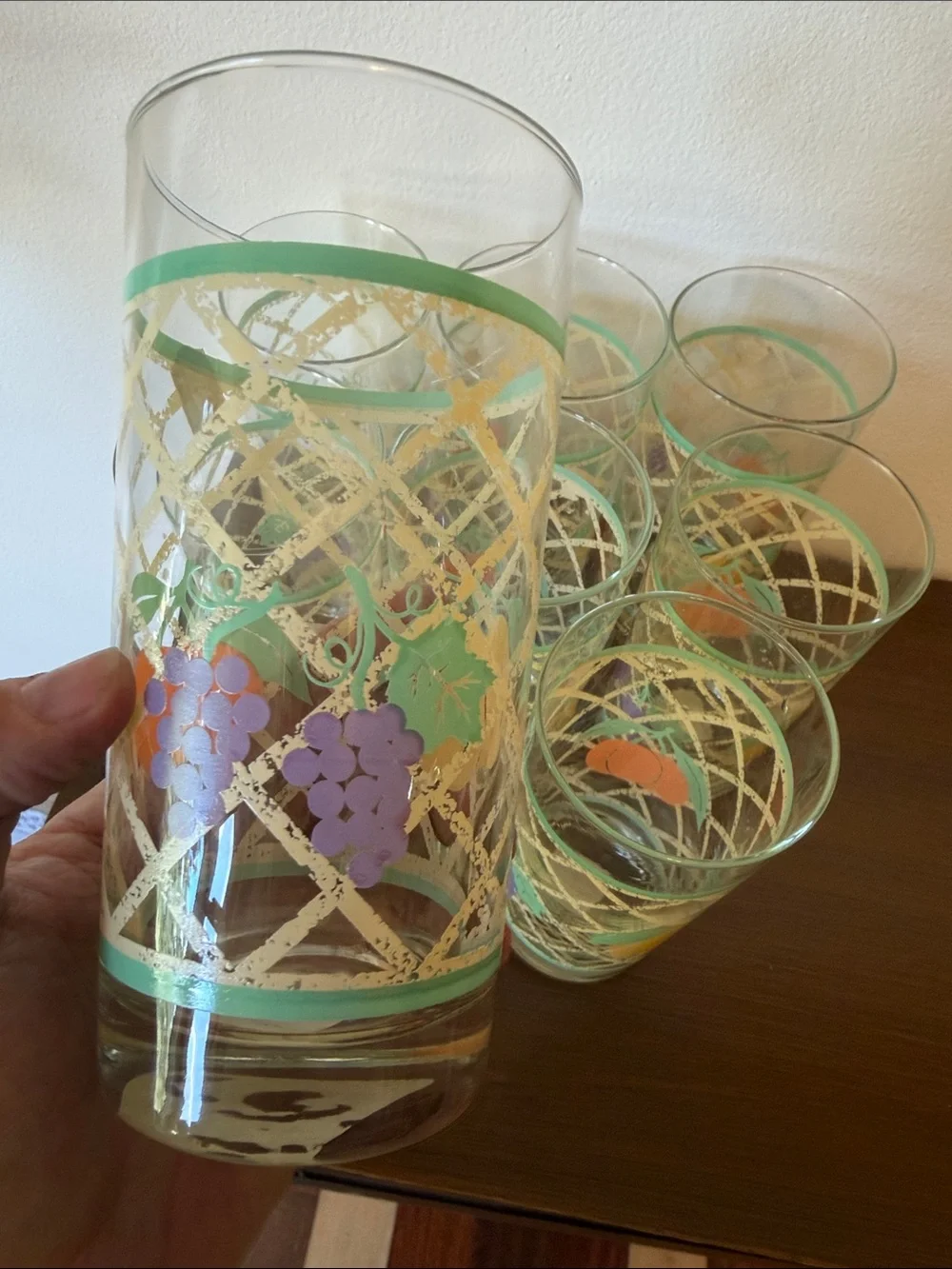 Libbey Vintage Fruit-Patterned Tall Drinking Glasses - Teal & Yellow (Set of 8)